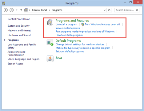 Programs and Features option control panel 