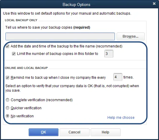 Set up QuickBooks backup reminders - Error code 6189 816