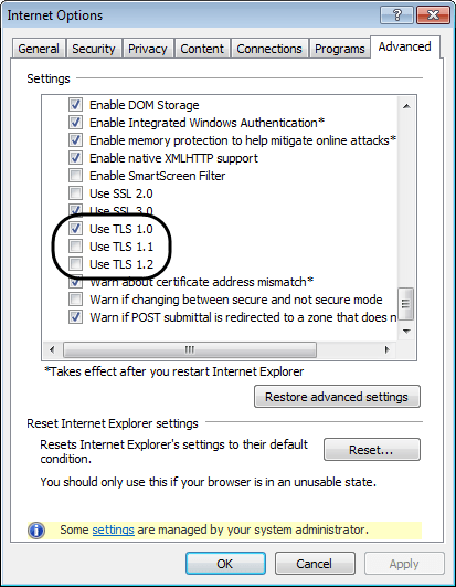 changing TLS Internet Options to fix Quickbooks error code 15101