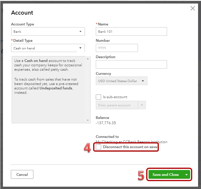 Disconnect and reconnect bank account 