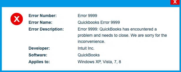 QuickBooks banking error 9999