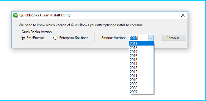 Select QuickBooks version and product version in clean install tool