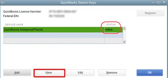 View Service key - add quickbooks payroll ein