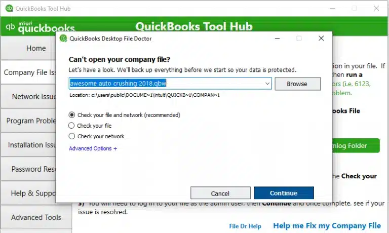 Can't open company file dialog box - QuickBooks file doctor