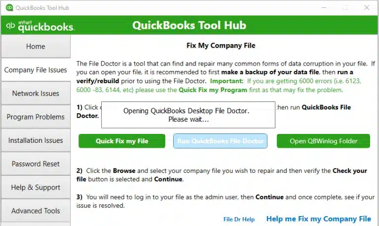 Using QuickBooks file doctor tool 