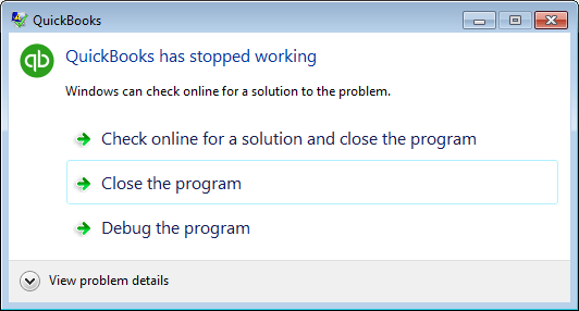 QuickBooks has Stopped Working - Screenshot