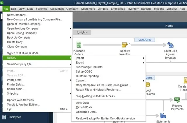Utilities tab in QuickBooks - Error H202