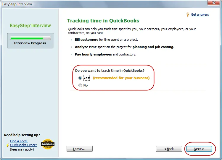 Enter information - setup a new company file in QuickBooks
