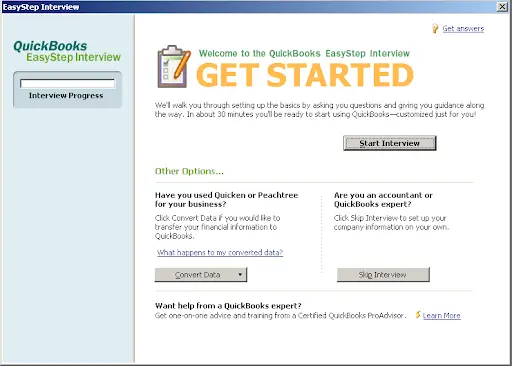 Start interview - setup a new company file in QuickBooks