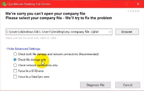 QuickBooks File Doctor Check Damage database file