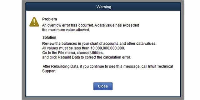 QuickBooks Overflow error - Screenshot