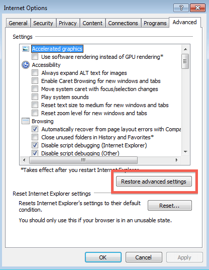 Restore advanced settings 