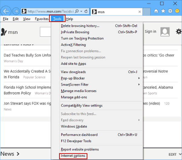 Choose internet options in IE - Screenshot