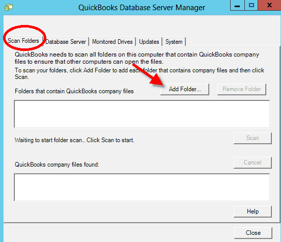 Scan and Add Folder option in QuickBooks Database Server Manager 