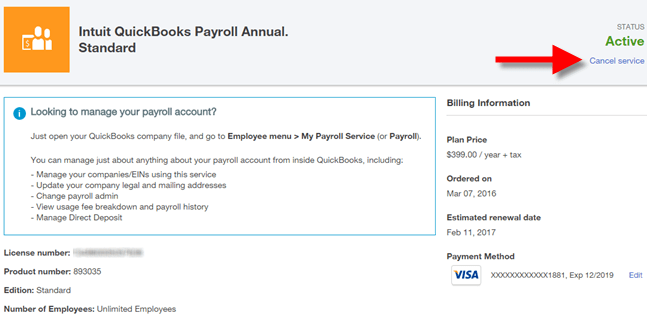 Cancel QuickBooks payroll service - screenshot