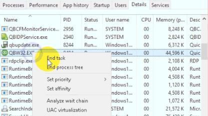 End the QBW32.exe Process to fix qbdbmgrn not running error