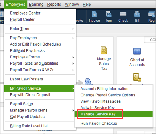 Enter or Edit your payroll Service key in QuickBooks - Manage Payroll service