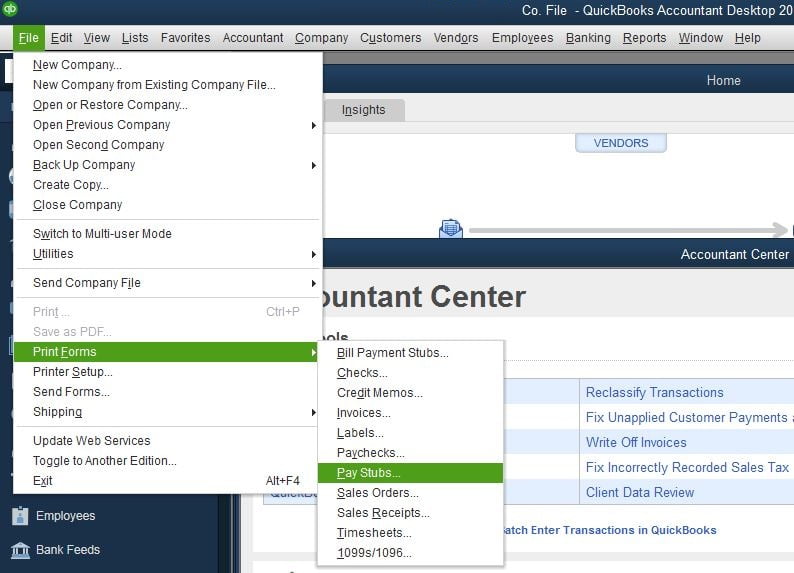 Print Pay Stubs from QuickBooks Desktop File Menu - screenshot