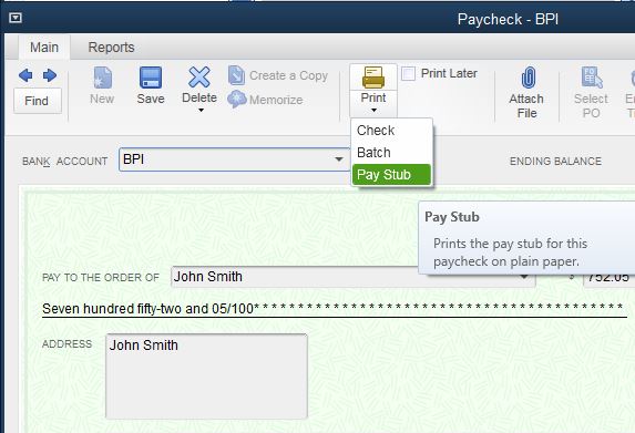 Print a Pay Stub from a Paycheck - Screenshot