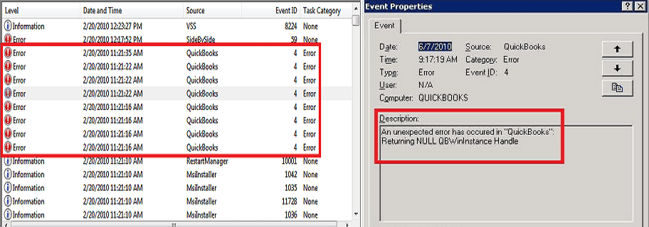 QuickBooks Event ID 4 Error Message - Screenshot