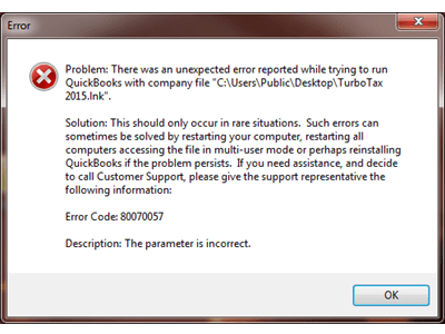 QuickBooks error message 80070057 - screenshot