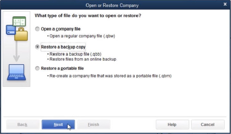 choose Restore a backup copy or restore a quickbooks portable company file