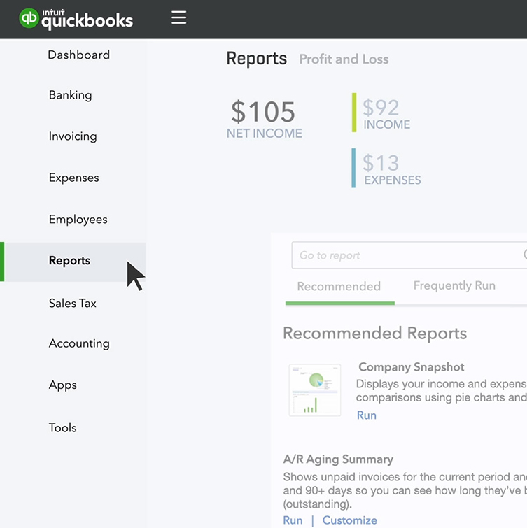 Reports option in QuickBooks