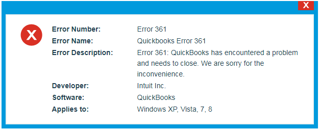 QuickBooks Error Message 361 Screenshot 