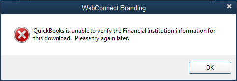 QuickBooks Unable to Verify Financial Institution Message - Screenshot