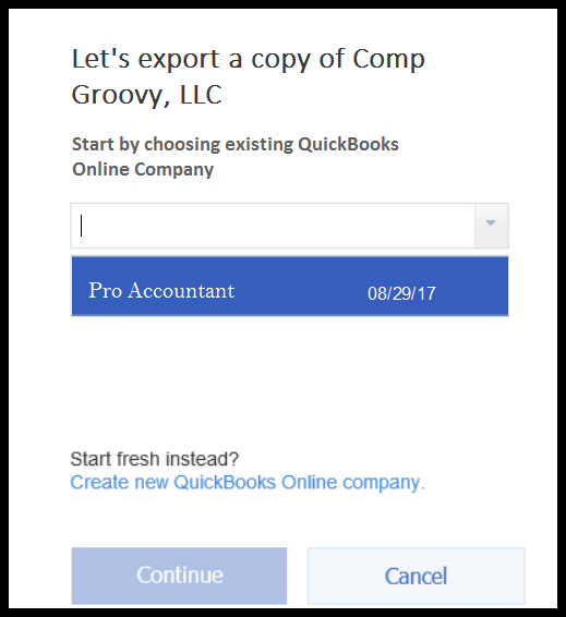 Select QuickBooks Online Company - screenshot