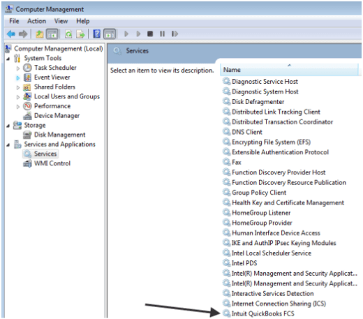 Choosing Intuit QuickBooks FSC service in Computer Management Screen to resolve error 15241