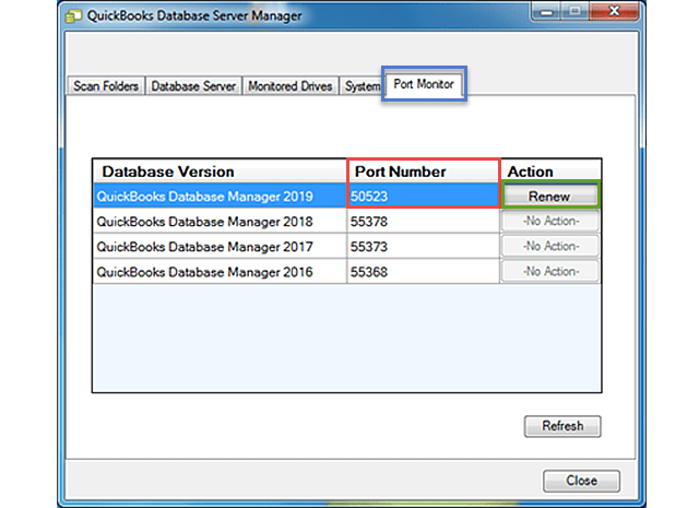 QuickBooks Database Server Manager Port monitor tab