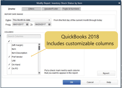QuickBooks desktop 2018 features - Enhancing the Inventory Reports Customization