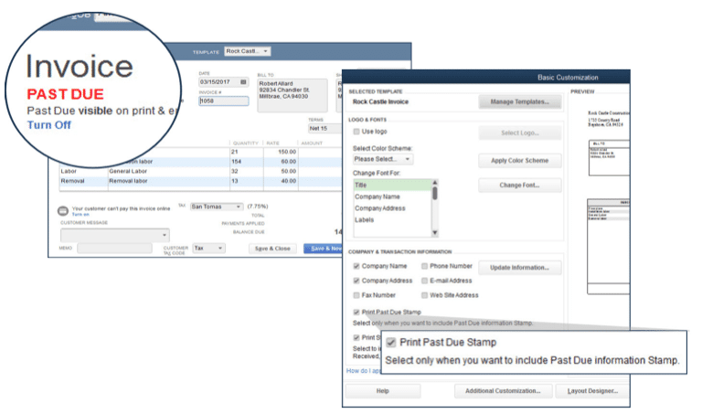 QuickBooks desktop 2018 features - Past Due Invoice Stamp