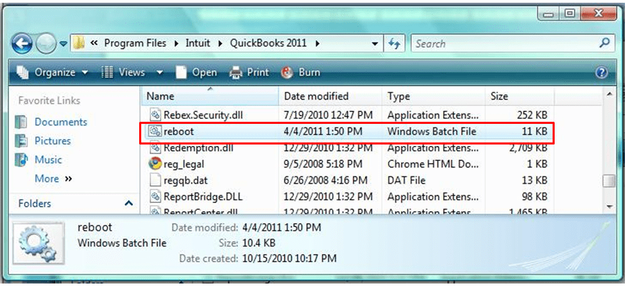 Run Reboot.bat file in order to fix quickbooks error 15101