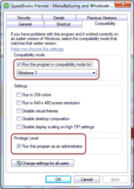 Run QuickBooks on Compatibility Mode to resolve QuickBooks won't send emails issue - Screenshot