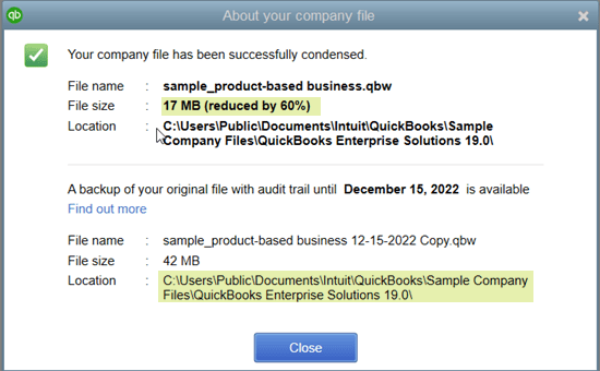 QuickBooks Condense Process Successful Message - Screenshot