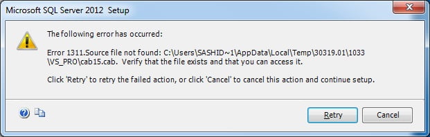 QuickBooks error message 1311 - Screenshot