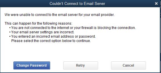 Could not connect to the email server - Screenshot