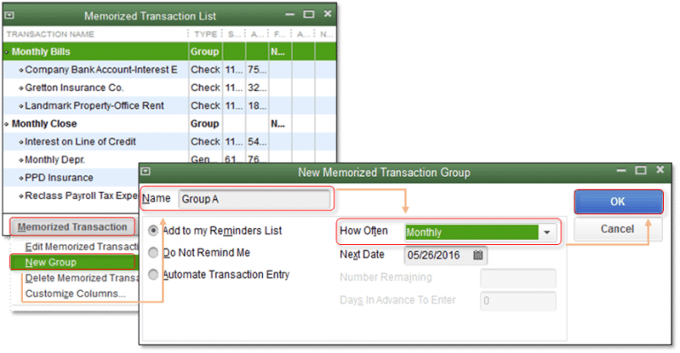 Creating memorized transaction group - Screenshot