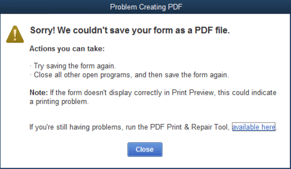 QuickBooks is unable to print - Screenshot
