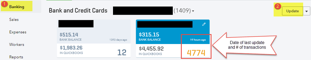 running a manual update on your bank account