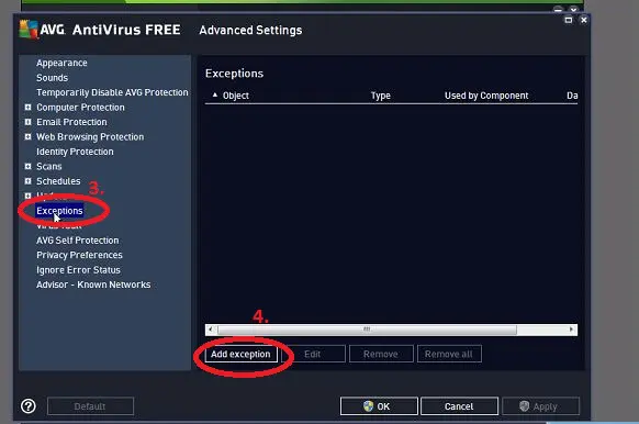 Select manage exceptions in AVG Antivirus QuickBooks error code 6094
