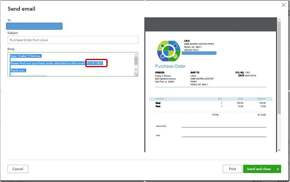 Adding the customer’s purchase order number to the subject line of the email 