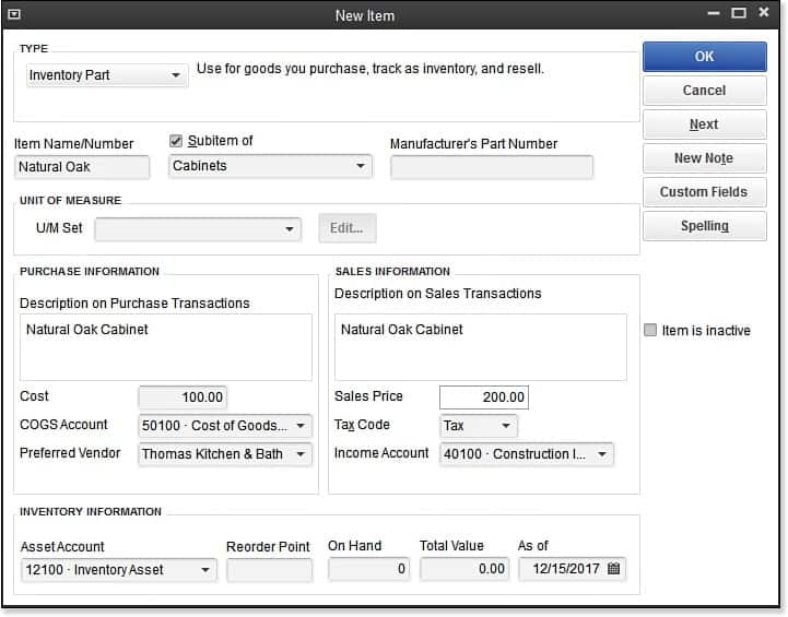 QuickBooks Inventory Items - Screenshot