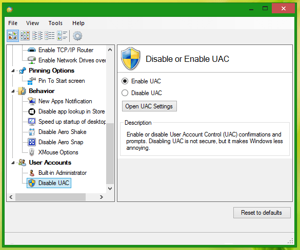 Turn off the User Account Control settings - Screenshot