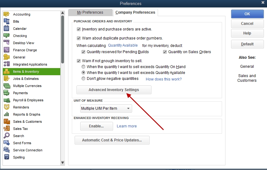 Turn on Advanced Inventory in QuickBooks Enterprise - Screenshot