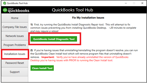 Choosing QuickBooks Install Diagnostic tool from the QuickBooks Tool Hub