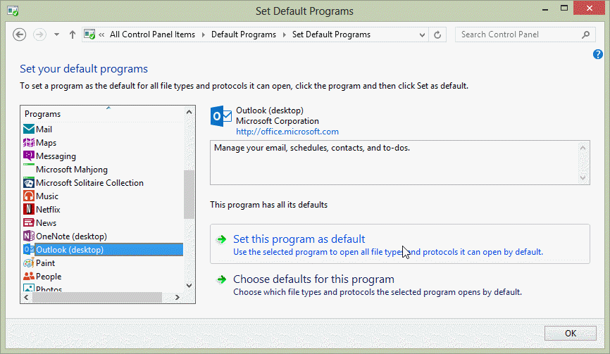 Outlook as default programs- screenshot