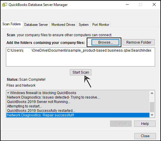 QuickBooks database server manager (Start Scan) 